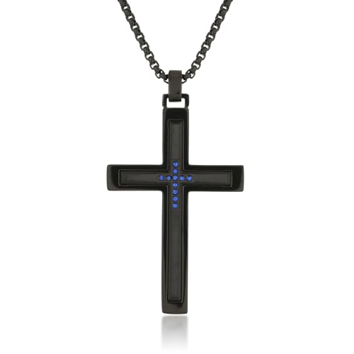 Metro Jewelry 0.06 Carat Blue Diamond Cross Pendant Necklace in Stainless Steel with Black Ion Plating on 24 Inches Long Box Chain