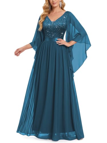 Image of Miusol Women's Deep-V Neck Lace Contrast Sequin Formal Evening Maxi Dress