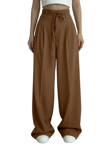 Image of Aahwan OffWhite Solid High Fabric Belt Waist Straight Korean Loose Pleated Wide Leg Trouser for Women's & Girl's