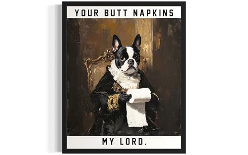 Image of Boston Terrier Gothic Bathroom Black Framed Wall Art Print Poster, Dog Pet Lover Picture Painting Artwork Bedroom Living Room Office Dining Room 150D (Boston Terrier Gothic Bathroom, 10 inchL x 8 inchW, Black Frame)