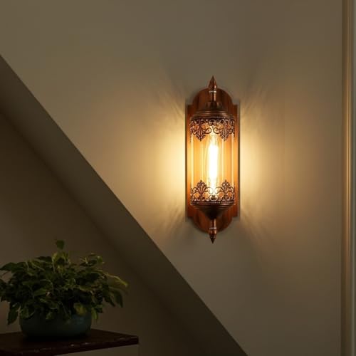 Image of Keylus Antique Wall Light for Living Room Bedroom Corridor, Moroccan Lantern Style Metal & Glass Wall Sconce, (Bilb Not Included),Pack of 1