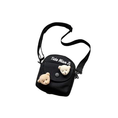 Fashionable Letter Canvas Phone Crossbody Bag With Cute Bear Pins, Stylish Student Harajuku Shoulder Bag For Women Daily Use - Main Image