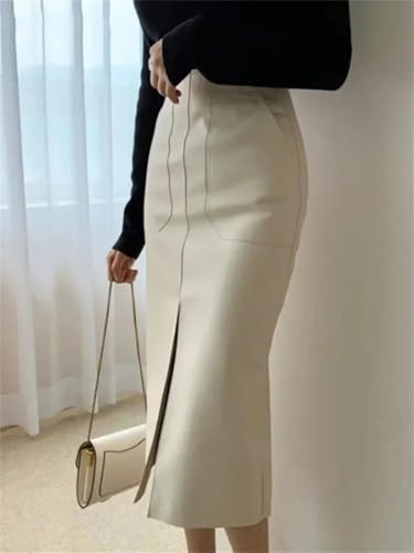Womens High Waist Faux Leather Straight Skirt Vintage Casual Long Split Skirt with Pockets2