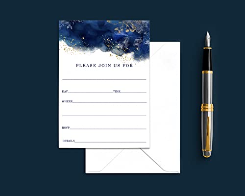 Blue Invitations With Envelopes (25 Pack) Blank Invites For Bridal Shower, Graduation, Engagement, Wedding, All Occasions – Watercolor Theme Gold Floral - Handwrite Party Details 5X7 Card Set #TOP3