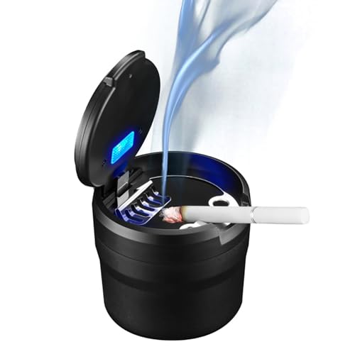 Image of Car Ashtray with Lid Smell Proof, Covered Ashtray for Cap, LED Light Indicator, Portable, Detachable, Black+Gray
