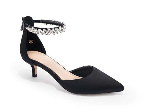 Image of Women's Wedding Rhinestones Low Kitten Heels Pumps Pointed Toe Dress Evening Shoes for Women Bridal Bride, Black, Size 7.5