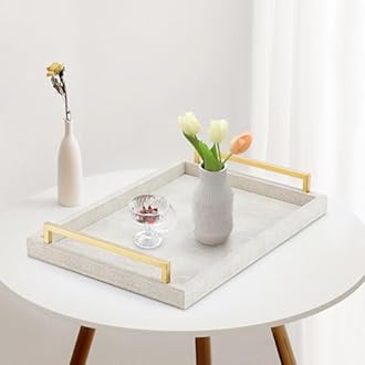 Ivory Shagreen Decorative Tray Large Rectangle Coffee Table Tray for Ottoman Faux Leather Serving Tray with Brushed Gold Handles