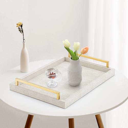 XIGEXIGE Ivory Shagreen Decorative Tray Large Rectangle Coffee Table Tray for Ottoman Faux Leather Serving Tray with Brushed Gold Handles