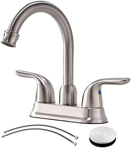 SHACO Brushed Nickel Bathroom Faucet, Lavatory Vanity RV Camper Sink Faucet, 4 Inch Centerset Bathroom Faucets for Sink 3 Hole or 2 Hole with Pop Up Sink Drain and Water Supply Hoses