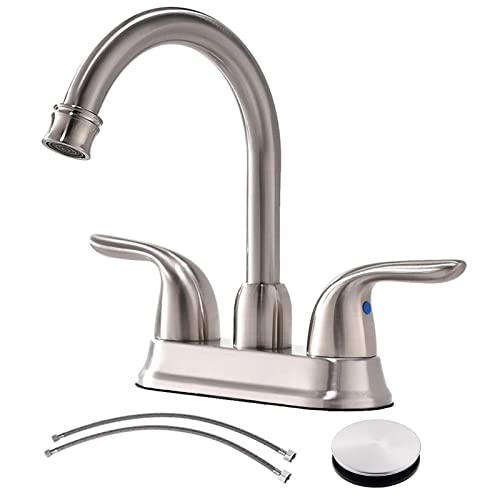Shaco Brushed Nickel Bathroom Faucet, Lavatory Vanity Rv Camper Sink Faucet, 4 Inch Centerset Bathroom Faucets For Sink 3 Hole Or 2 Hole With Pop Up Sink Drain And Water Supply Hoses #TOP2