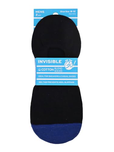 On the Go Men's Invisible Socks - No Slip Grip Lightweight Moisture Wicking Athletic Cotton (6 Pair Pack, Black with Blue Toe)2