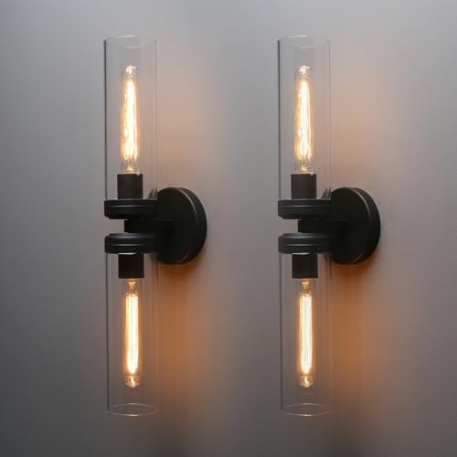 Image of Pathson 2 Lights Cylinder Glass Wall Sconce, Set of 2 Hardwired Wall Vanity Lights with Double Tube Glass, Vintage Aluminum Wall Lamp Decor for Bathroom Mirror Living Room Bedroom Fireplace Staircase