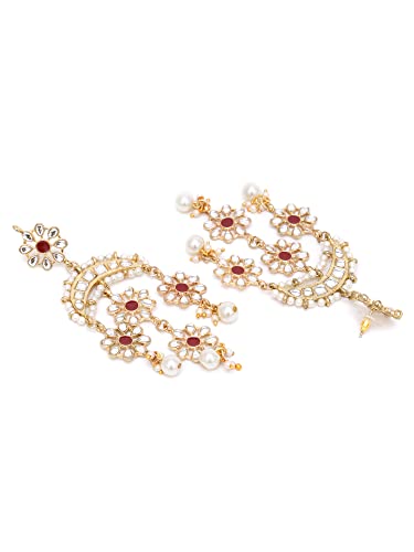Image of Karatcart Gold Plated Floral Red Meena Kundan Dangler Earrings for Women