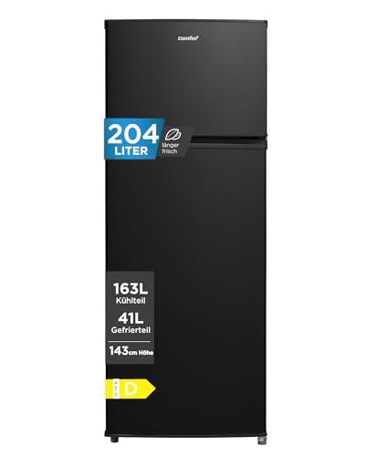Comfee' Kühlschrank mit Gefrierfach | 204L Kühl-Gefrierkombination, 143 cm Höhe | 137 kWh/Jahr, Low Frost, Leise 39 dB, LED-Licht, Inverter Kompressor, Freistehend Schwarz RCT210DK3EU(E)