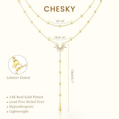 Image of CHESKY Long Necklaces for Women, 14k Gold Plated /Streling Silver Lariat Necklace Dainty Statement Prom Necklace Rosary Cross Sun Drop Pendant Dangle Necklace Gold Prom Jewelry for Women Gifts