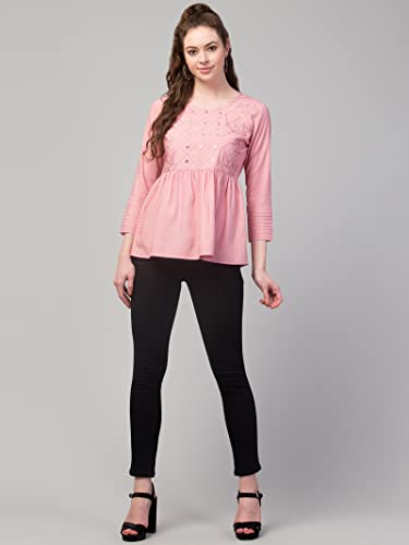 Image of FIMS - Fashion is my style Women Cotton Pleated & Gathered Embroidery Stone Full Sleeves Top Regular Fit Round Neck Tops for Girls