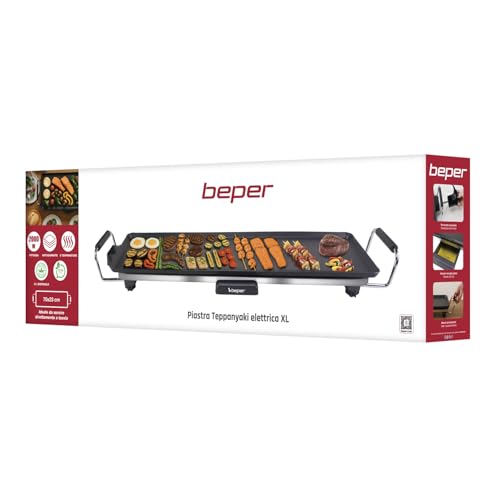 BEPER P101BBQ070 Piastra Teppanyaki Elettrica XL 70x23 cm, Griglia Antiaderente con Termostato Regolabile, Manici Termoisolanti, Vassoio Raccogli-Grassi e Cavo Rimovibile, 2000W, BPA e PFOS Free - Immagine 5