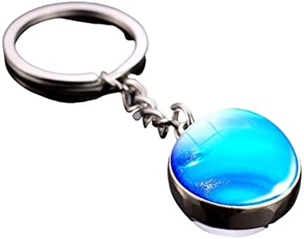 Double Sided Luminous Glass Ball Keychain Featuring Solar System Metal Pendant -, Saturn, Nebula (Blue-Neptune)
