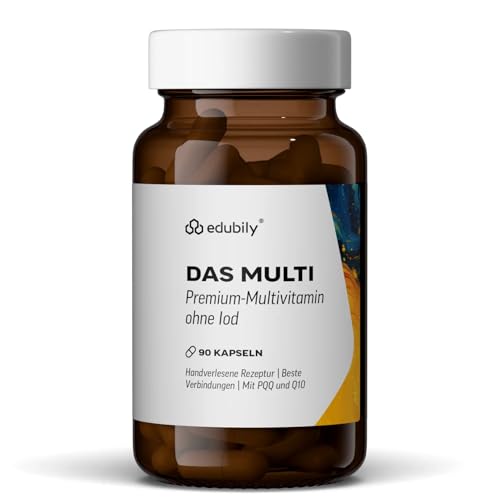 edubily® Das Multi – Premium Multivitamin Kapseln mit 19 Mikronährstoffen, PQQ & Q10 – Vitamine, Mineralstoffe & Spurenelemente – ohne unnötige Zusätze (90 Kapseln, Multi ohne Iod)