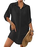 Bsubseach Swimsuit Coverup for Women Button Down Bathing Suit Cover Up Ruffle Hem Summer Beach Shirt Dresses with Pocket Black M