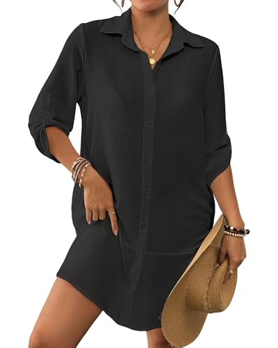 Bsubseach Swimsuit Coverup for Women Button Down Bathing Suit Cover Up Ruffle Hem Summer Beach Shirt Dresses with Pocket Black M