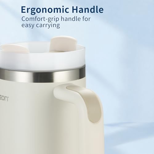 Image of AXEON Stainless Steel Tumbler with Handle & Straw - 900ml | Double Wall, Reusable & Leak-Proof Stanley Sipper | Travel Coffee & Cold Drink Cup for Gym, Office & Travel, Cream Colour