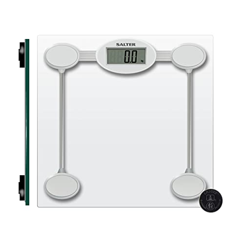 Salter 9018S SV3R Báscula de baño digitales electrónica de vidrio, máx 180 kg, pantalla LCD fácil de leer, plataforma amplia de vidrio templado baño balanza, pilas incluidas, plateada