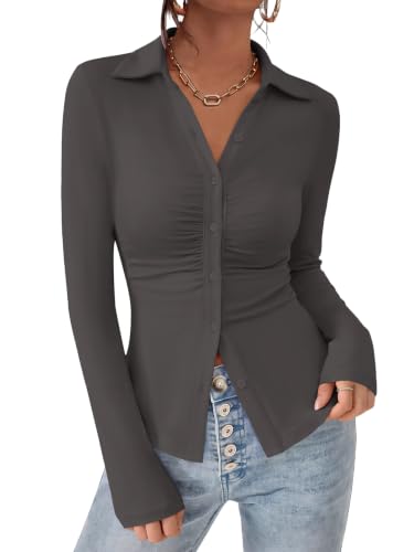 Image of PRETTYGARDEN Womens Button Down Shirts V Neck Collared Ruched Slim Fit Long Sleeve Shirt Casual Fall Fashion Ladies Tops (Grey, Large)