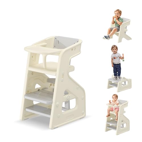 hoopyosms Trona Evolutiva 3 en 1 para Bebé, Silla Alta Niños, Convertible en Silla y Taburete Infantil, con Bandeja Extraíble, Arnés de Seguridad y Patas Antideslizantes, Soporta hasta 60 kg, Gris