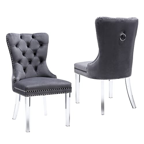Kccvelvet Dining Chairs Set Of 6, Upholstered High-End Tufted Dining Room Chair With Nailhead Back Ring Pull Trim Solid Acrylic Legs, Contemporary Nikki Collection Modern Style For Kitchen, Grey #TOP7
