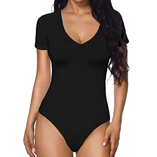 QKEPCY Body Mujer Manga Corta Sexy Bodies Cuello en V Bodys Elegantes Vestir Mono Bodysuit Básica Jumpsuit Tops (XL, Negro)