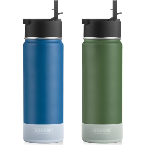 Image of koodee 2 Pack Water Bottle 26 oz Stainless Steel Insulated Water Bottle With Straw Reusable BPA Free,Sports Water Bottle for Boys(Navy-Grass Green)