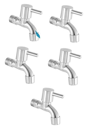 Image of Stainless Steel Base Bib Cock Water Tap - 1 /2 inch, 15mm - ABS Plastic Head Faucet for Kitchen, Bathroom & Wash Basin - Hot & Cold Water Compatible - Set of 5 (Silver)