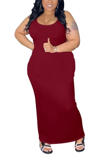 Image of YeGine Women Plus Size Sleeveless Bodycon Maxi Dresses Sexy Slim Tank Dresses