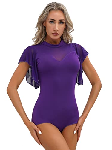 TiaoBug Disfraces Mujeres Adultas Maillot de Danza Trapecista Actuación Disfraz Presentadora de Circo con Capas para Fiesta Halloween Carnaval Morado A L