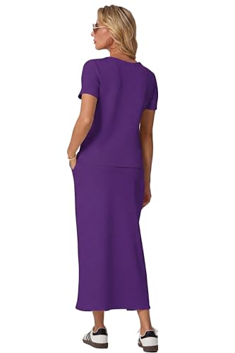 Image of GRECERELLE Women Summer Casual 2 Piece Sets V-Neck Wrinkle-Free Top & Elastic Waist Midi Side Slit Skirt with Pockets