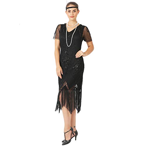 JaosWish Gatsby 1920s Flapper Dress Women Vintage Sequin Fringe Beaded Art Deco Fancy Dress with Sleeve for Party Prom, XXL, Black - Image 3