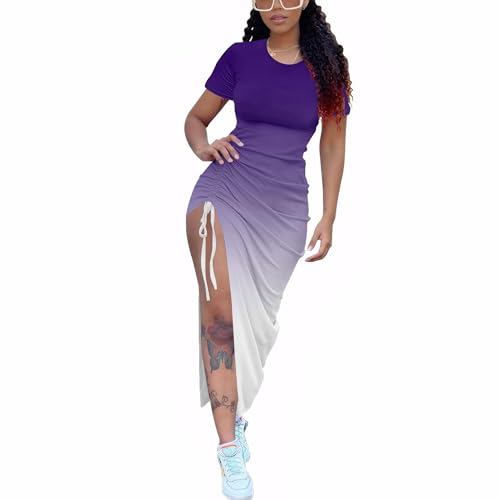 Image of Nimsruc Women Sexy Summer Dresses Short Sleeve Thigh-high Slit Ruched Bodycon Maxi Club Cocktail Party Dress