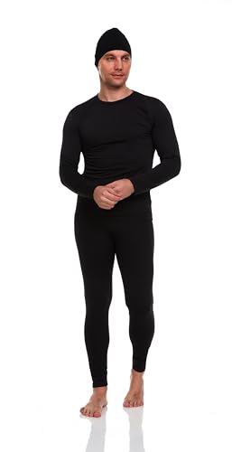 Body Glove 3 Piece Mens Fleece Lined Thermal Set Long Underwear Thermals Insulated Base Layer Top and Bottoms and Beanie Warm Winter Clothing Black, M