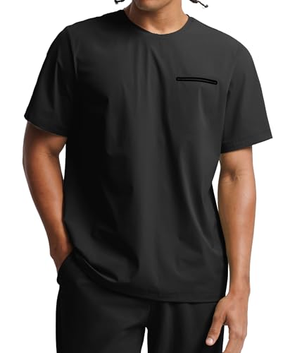 BRXL BrxlMen Men's Short Sleeve Casual Shirts with Pocket Textured Look Moisture Wicking Running T-Shirts Black M