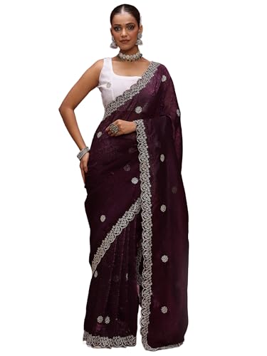 Image of AKHILAM Women's Tissue Embellished Saree With Unstitched Blouse Piece (RANI4701 RN Parent)