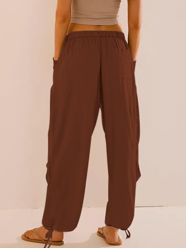Image of Women's Linen Balloon Barrel Beach Pants Boho Harem Flowy Drawstring Casual Loose Pants with Pockets