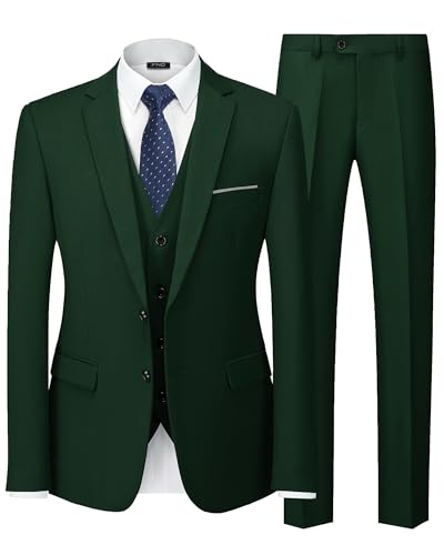 YND Men's 3 Piece Suit Set with Tie, 2 Button Slim Fit Solid Blazer Jacket Vest Pants, Business Wedding Party Suits for Men, Deep Green