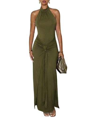 Milumia Women's Tie Knot Bodycon Halter Dress Sleeveless Backless Long Dresses Cocktail