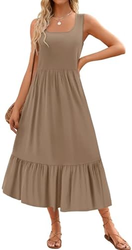 ZESICA Women's 2026 Summer Sleeveless Dress Square Neck Pleated Swing Casual Maxi Dresses with Pockets