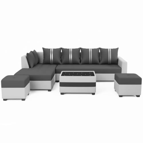 Image of FURNY Stylio 8 Seater Fabric LHS L Shape Sofa Set with 1 Centre Table & 2 Ottoman (Dark Grey-Light Grey) | Premium Velvet Finish | Durable Comfortable Ideal Sofa for Living Room