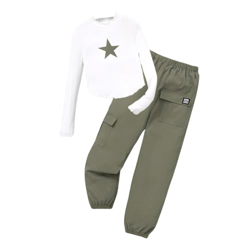 Azmxynol Girls Clothes 2 Piece Outfit Little Girl Knitted Round Neck Sweater Top + Cargo Pants Tween Fall Winter Casual Clothing Set Size 6 7