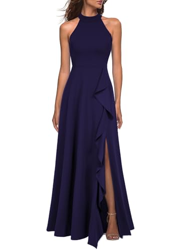 WOOSEA Womens High Neck Sexy Split Evening Cocktail Party Maxi Long Formal Dress Navy Blue
