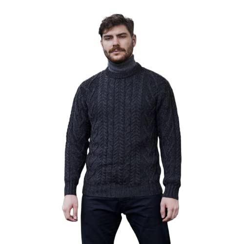 Preisvergleich Produktbild SAOL 100% Merinowolle Traditioneller Herren Aran Pullover mit Rundhalsausschnitt, in Natur / Holzkohle / Armeegrün, Holzkohle, L