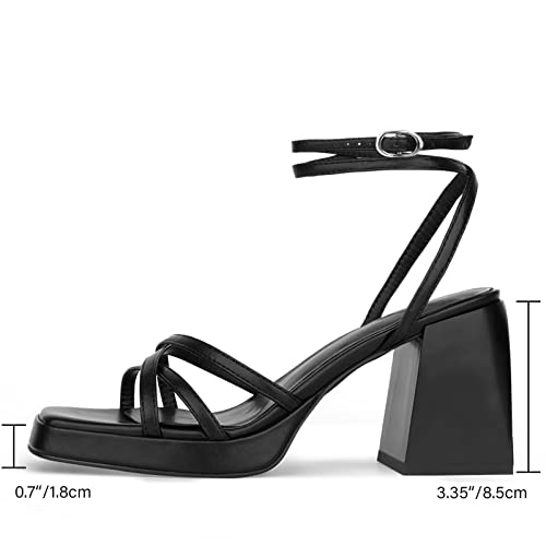 Isnom Black Platform Heels For Women Strappy Sandals, Lace Up Heels Square Open Toe Adjustable Ankle Strap For Wedding Work Party #TOP1